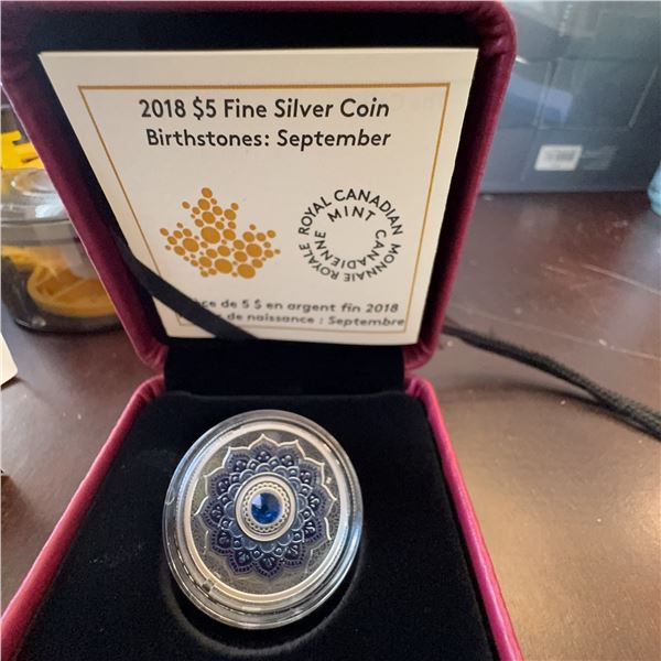 2018 $5 Fine Silver Coin Royal Canadian Mint Birthstones September 27mm 7.96g