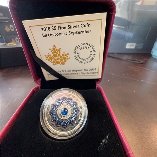 2018 $5 Fine Silver Coin Birthstones September Royal Canadian Mint With Box