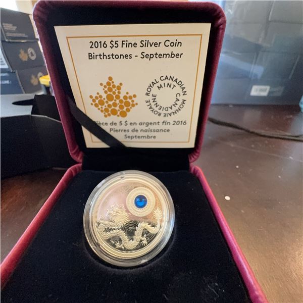2016 Royal Canadian Mint $5 Fine Silver Coin September Birthstone with Swarovski Gem