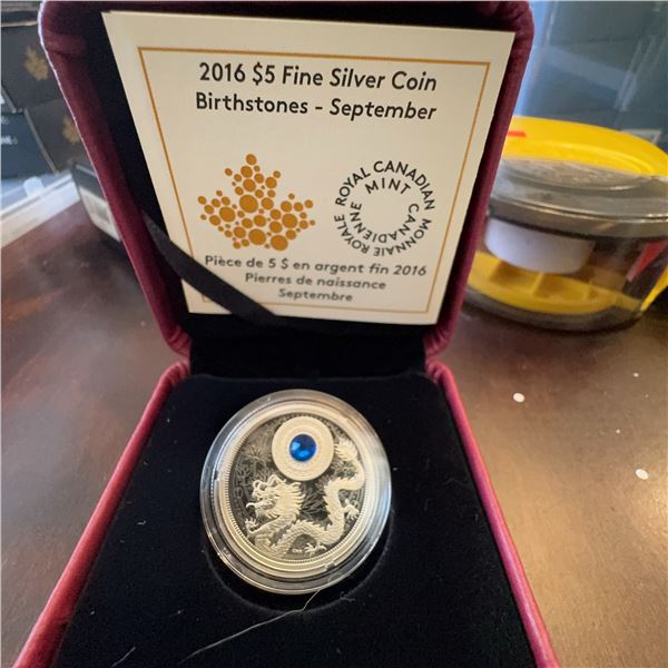 2016 $5 Fine Silver Coin Birthstones - September, Royal Canadian Mint, 27mm, 7.96g