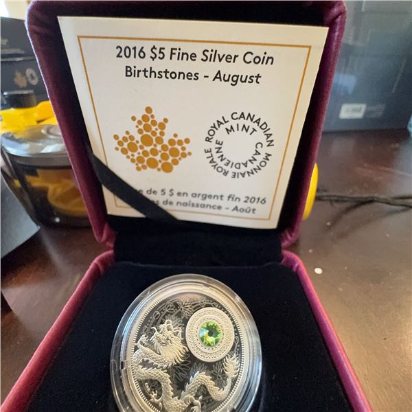 2016 $5 Fine Silver Coin Birthstones August Royal Canadian Mint With Green Swarovski