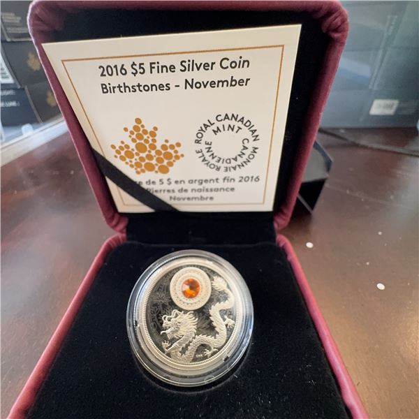 2016 $5 Fine Silver Coin Birthstones November Royal Canadian Mint with Topaz
