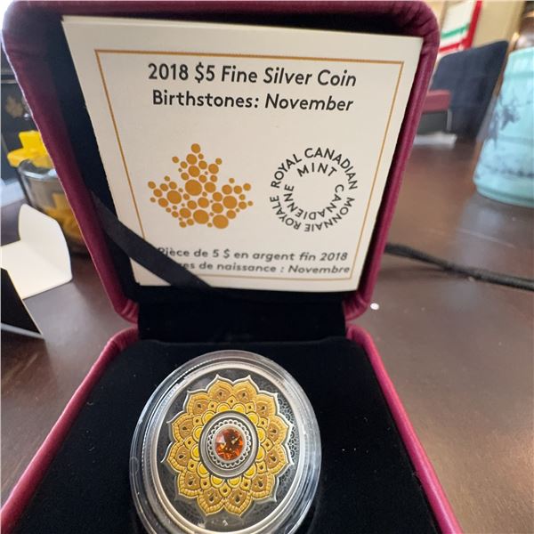 2018 $5 Fine Silver Coin Birthstones: November Royal Canadian Mint 27mm 99.99% Pure Silver