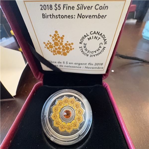 2018 $5 Fine Silver Coin November Birthstone Topaz Royal Canadian Mint