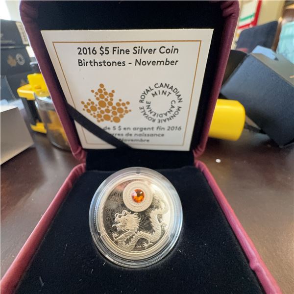 2016 $5 Fine Silver Coin Birthstone - November Royal Canadian Mint with Topaz Swarovski
