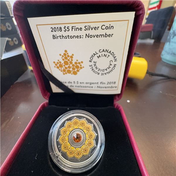 2018 Royal Canadian Mint $5 Fine Silver Coin November Birthstone with Swarovski Crystal