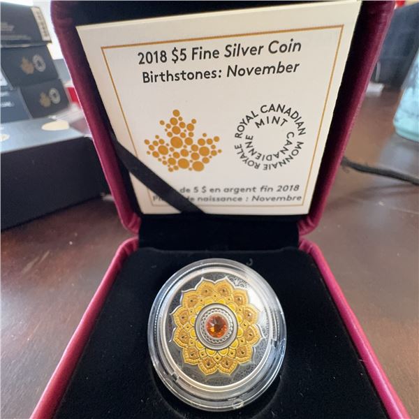 2018 $5 Fine Silver Coin Birthstones November Royal Canadian Mint Topaz Swarovski