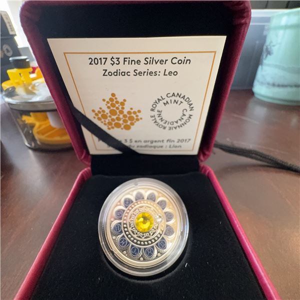 2017 Royal Canadian Mint $3 Fine Silver Coin Zodiac Series Leo with Swarovski Crystal