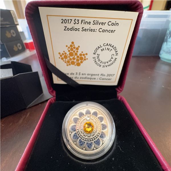 2017 $3 Fine Silver Coin Zodiac Series Cancer with Swarovski Crystals