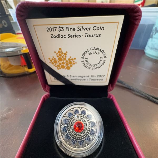 2017 $3 Fine Silver Coin Zodiac Series Taurus Royal Canadian Mint Swarovski