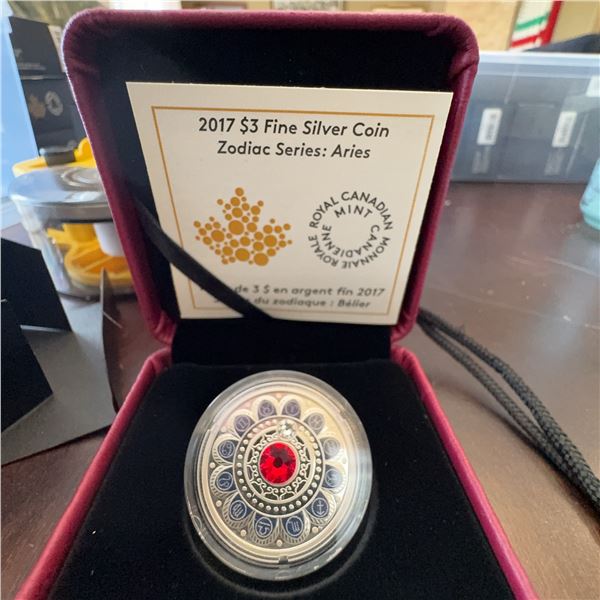 2017 $3 Fine Silver Coin Zodiac Series: Aries with Swarovski Crystal, Royal Canadian Mint