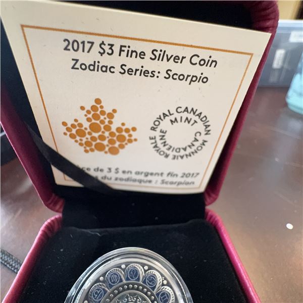 2017 $3 Fine Silver Coin Zodiac Series Scorpio with Swarovski Crystal, 27mm, 7.96g