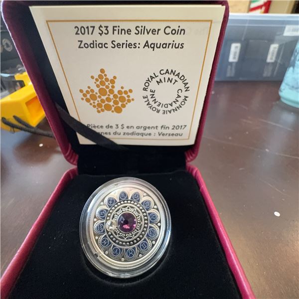 2017 $3 Fine Silver Coin Zodiac Series Aquarius Royal Canadian Mint in Display Case