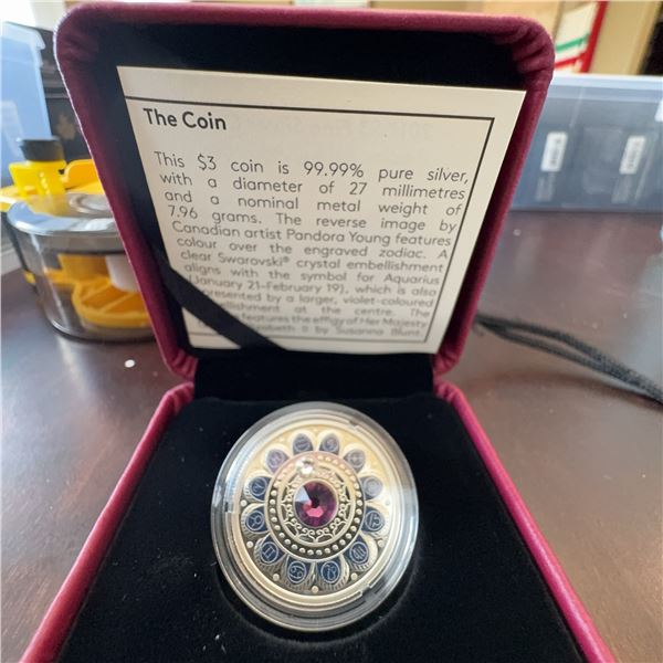 Canadian $3 99.99% Pure Silver Coin With Swarovski Crystal Zodiac Design