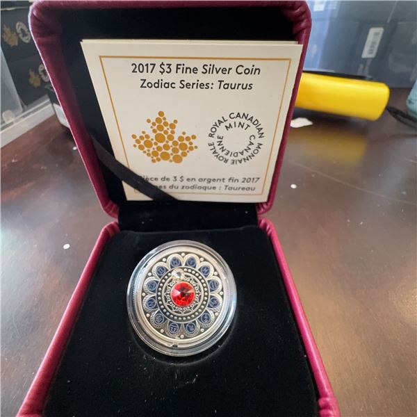2017 $3 Fine Silver Coin Zodiac Series: Taurus, Swarovski Crystal, Royal Canadian Mint