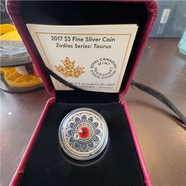 2017 $3 Fine Silver Coin Royal Canadian Mint Zodiac Series Taurus with Swarovski Crystal