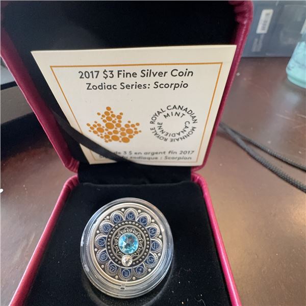 2017 $3 Silver Coin Zodiac Series: Scorpio Royal Canadian Mint with Swarovski Crystal