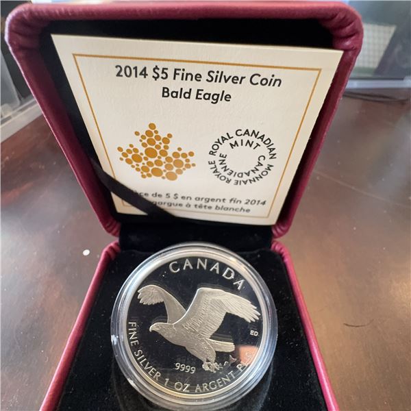 2014 $5 Royal Canadian Mint Fine Silver Coin Bald Eagle 1 oz, 99.99% Pure, Boxed