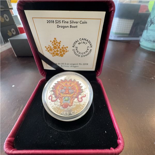 2018 $25 Fine Silver Coin Dragon Boat Royal Canadian Mint, 36.15mm, 99.99% Silver