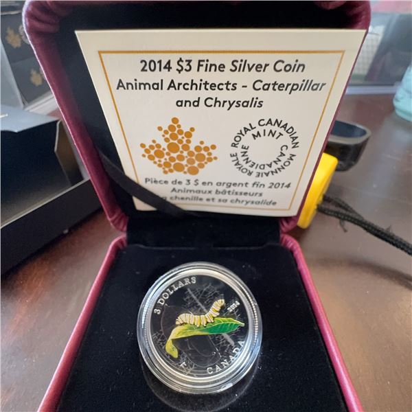 2014 $3 Fine Silver Coin Animal Architects Caterpillar and Chrysalis RCM