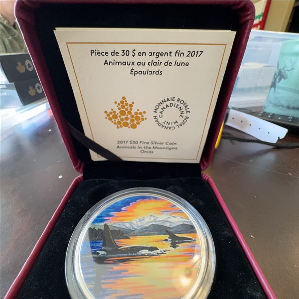 2017 $30 Fine Silver Coin Animals in the Moonlight Orcas Royal Canadian Mint