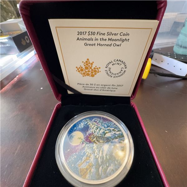 2017 $30 Fine Silver Coin Animals in the Moonlight Great Horned Owl, 54mm, RCM, Boxed