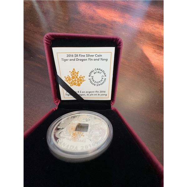 2016 $8 Fine Silver Coin Tiger and Dragon Yin and Yang 99.99% Pure Silver 36mm