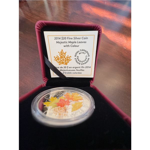 2014 $20 Fine Silver Coin Majestic Maple Leaves With Colour, Royal Canadian Mint