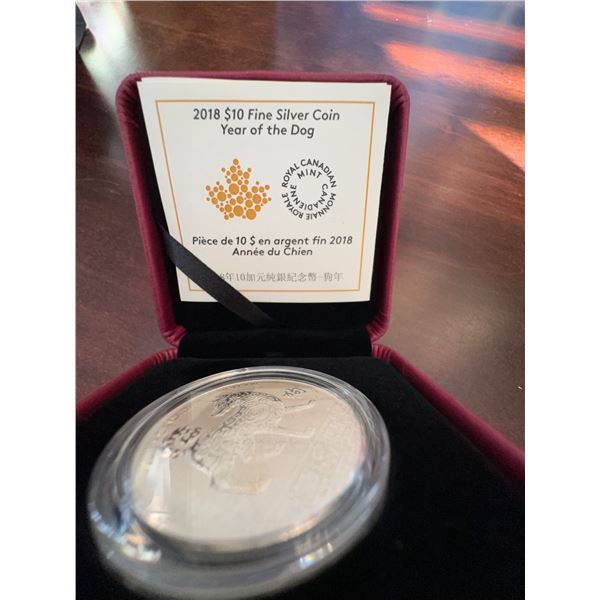 2018 $10 Fine Silver Coin Year of the Dog Royal Canadian Mint 34mm 99.99% Silver