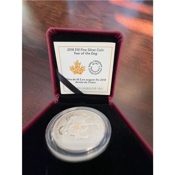 2018 $10 Fine Silver Coin Year of the Dog, 99.99% Pure, Royal Canadian Mint
