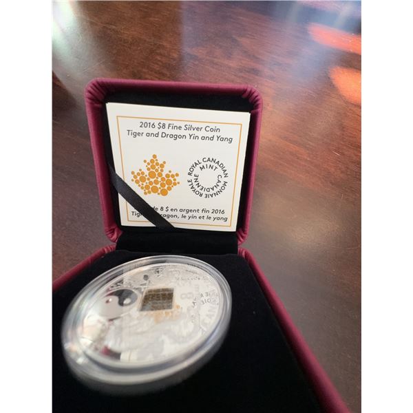 2016 $8 Fine Silver Coin Tiger and Dragon Yin and Yang 99.99% Pure, 36mm, 20.86g