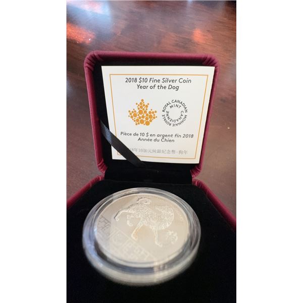 2018 $10 Fine Silver Coin Year Of The Dog Royal Canadian Mint, 99.99% Pure Silver