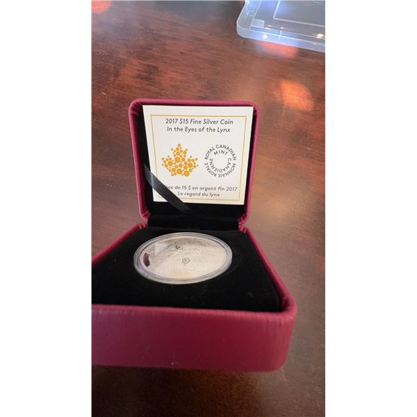 2017 $15 Fine Silver Coin In the Eyes of the Lynx Canada 99.99% Pure Glow-in-the-Dark