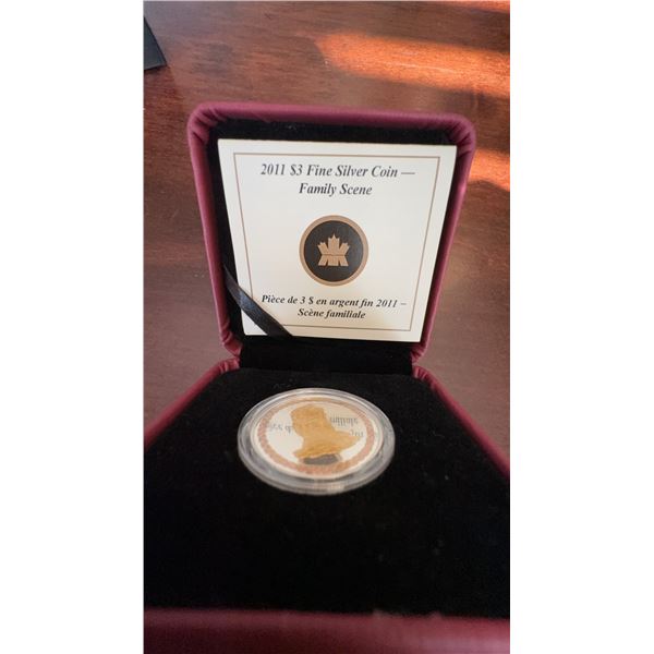 2011 $3 Fine Silver Coin Family Scene Canada, Andrew Qappik, Selective Plating, Boxed