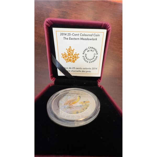 2014 Royal Canadian Mint 25-Cent Coloured Coin Eastern Meadowlark, Case, COA