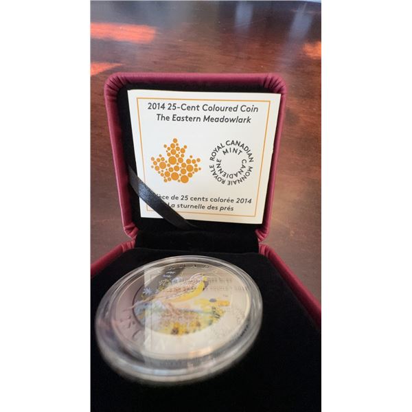 2014 Royal Canadian Mint 25-Cent Coloured Coin Eastern Meadowlark, 35mm Cupronickel