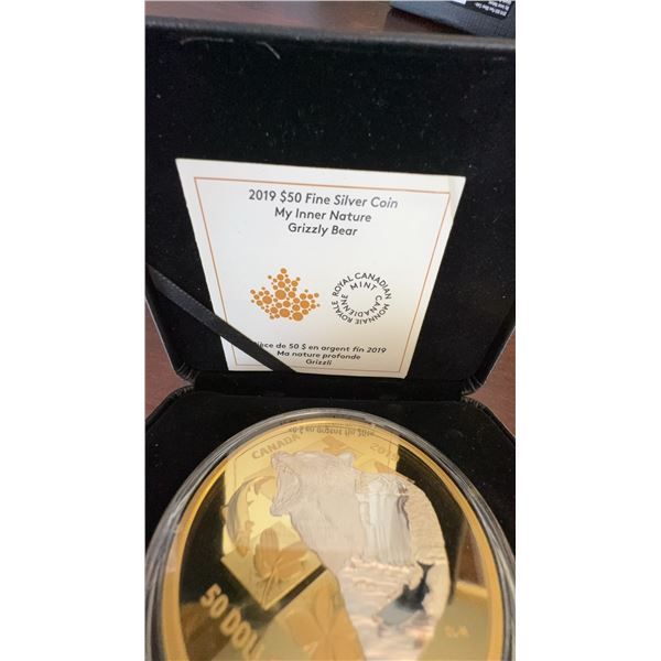 2019 $50 Fine Silver Coin My Inner Nature Grizzly Bear Gold-Plated 65 mm 157.6 g