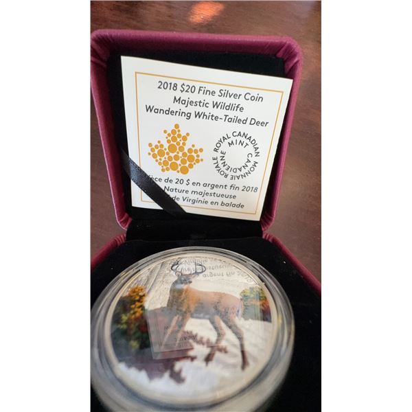 2018 $20 Fine Silver Coin Majestic Wildlife Wandering White-Tailed Deer, 99.99% Pure