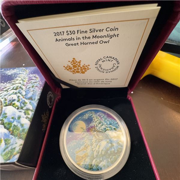 2017 $30 Fine Silver Coin Animals in the Moonlight Great Horned Owl Royal Canadian Mint