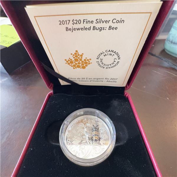 2017 $20 Fine Silver Coin Bejeweled Bugs: Bee, 99.99% Pure, Box, COA