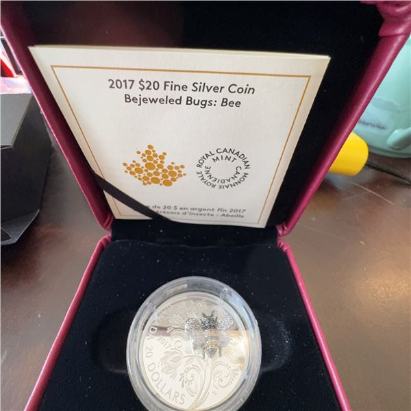 2017 $20 Fine Silver Coin Bejeweled Bugs: Bee, 99.99% Pure, 38mm, 31.39g