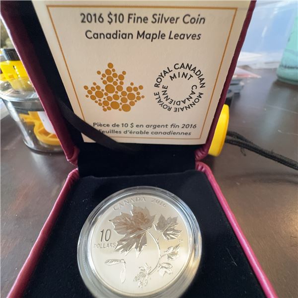 2016 $10 Fine Silver Coin Canadian Maple Leaves 99.99% Pure, 34mm, 15.87g