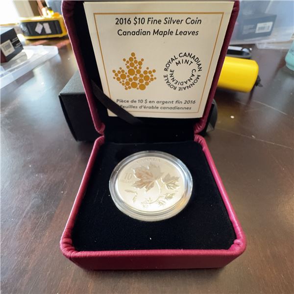 2016 $10 Fine Silver Coin Canadian Maple Leaves Royal Canadian Mint in Case