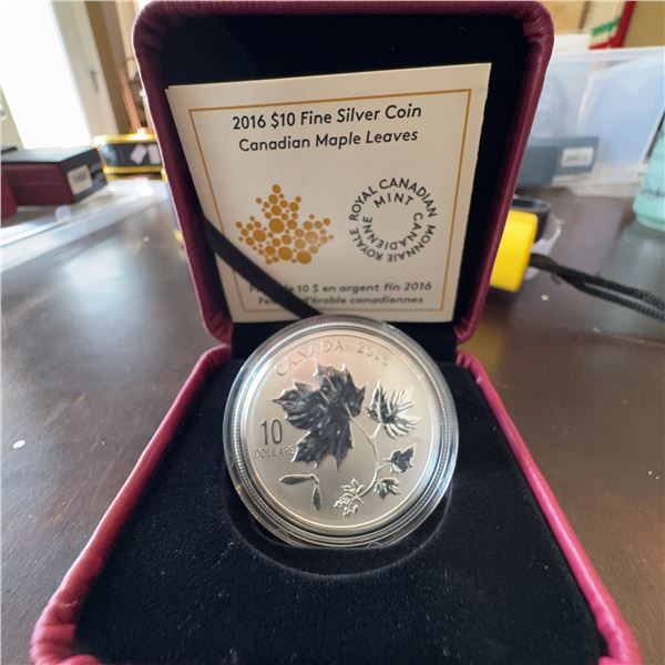 2016 $10 Fine Silver Coin Canadian Maple Leaves with Case and Certificate