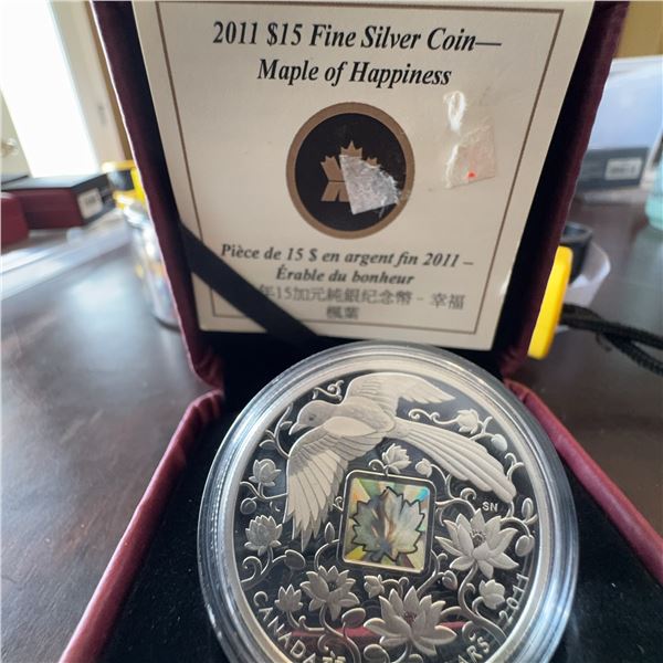 2011 $15 Fine Silver Coin Maple of Happiness with Hologram, 99.99% Pure, Royal Canadian Mint