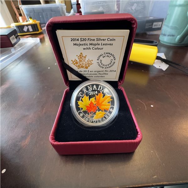 2014 $20 Fine Silver Coin Majestic Maple Leaves With Colour, Box and COA