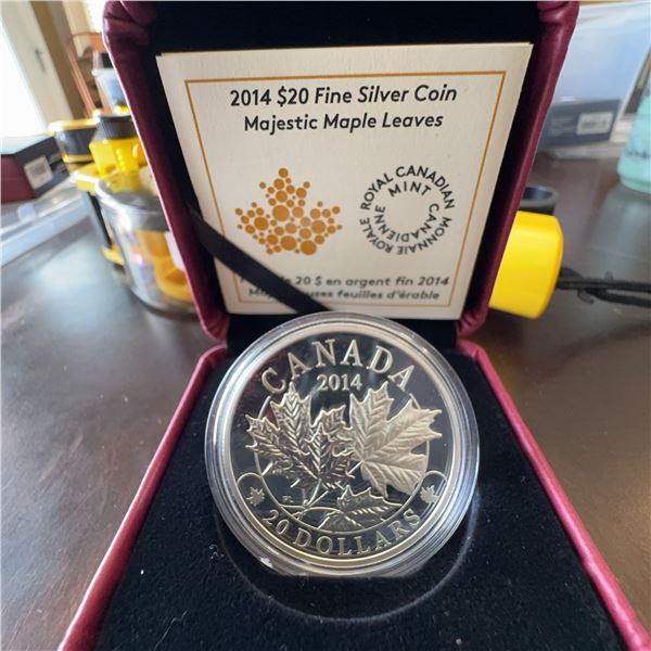 2014 $20 Fine Silver Coin Majestic Maple Leaves 99.99% 31.39g Royal Canadian Mint
