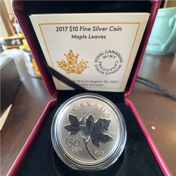 2017 $10 Fine Silver Maple Leaves Coin Royal Canadian Mint 99.99% Pure, 150th Anniv