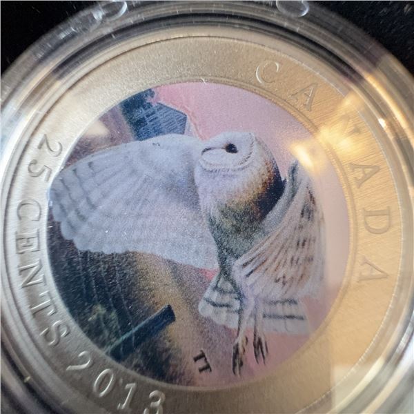 2013 Canada 25 Cents Painted Barn Owl Coin 35mm, Limited Mintage 06675/17500