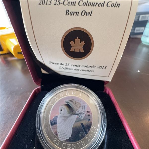 2013 Canada 25-Cent Coloured Coin Barn Owl, 35mm, Limited Mintage 17500, Boxed
